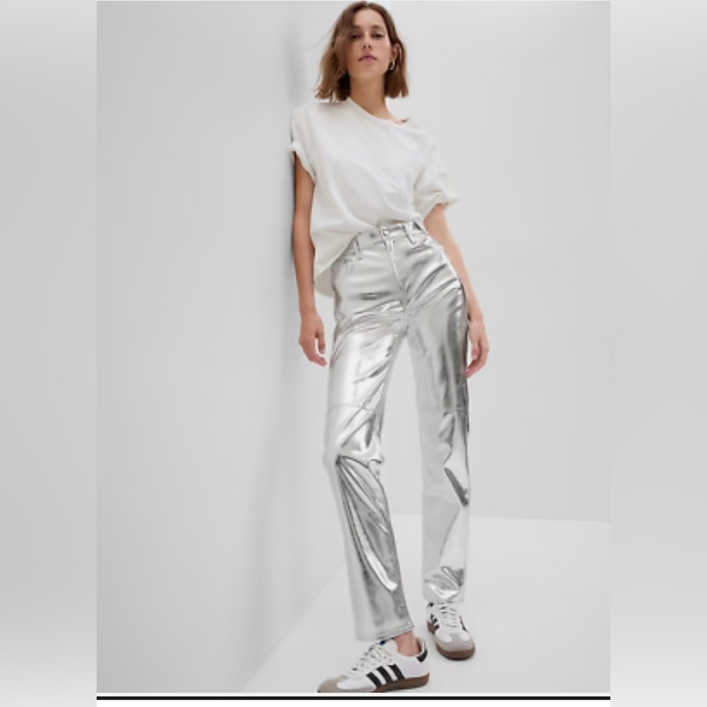 NWT Gap Silver Metallic Vegan Leather Cheeky Straight Pants 29/8R